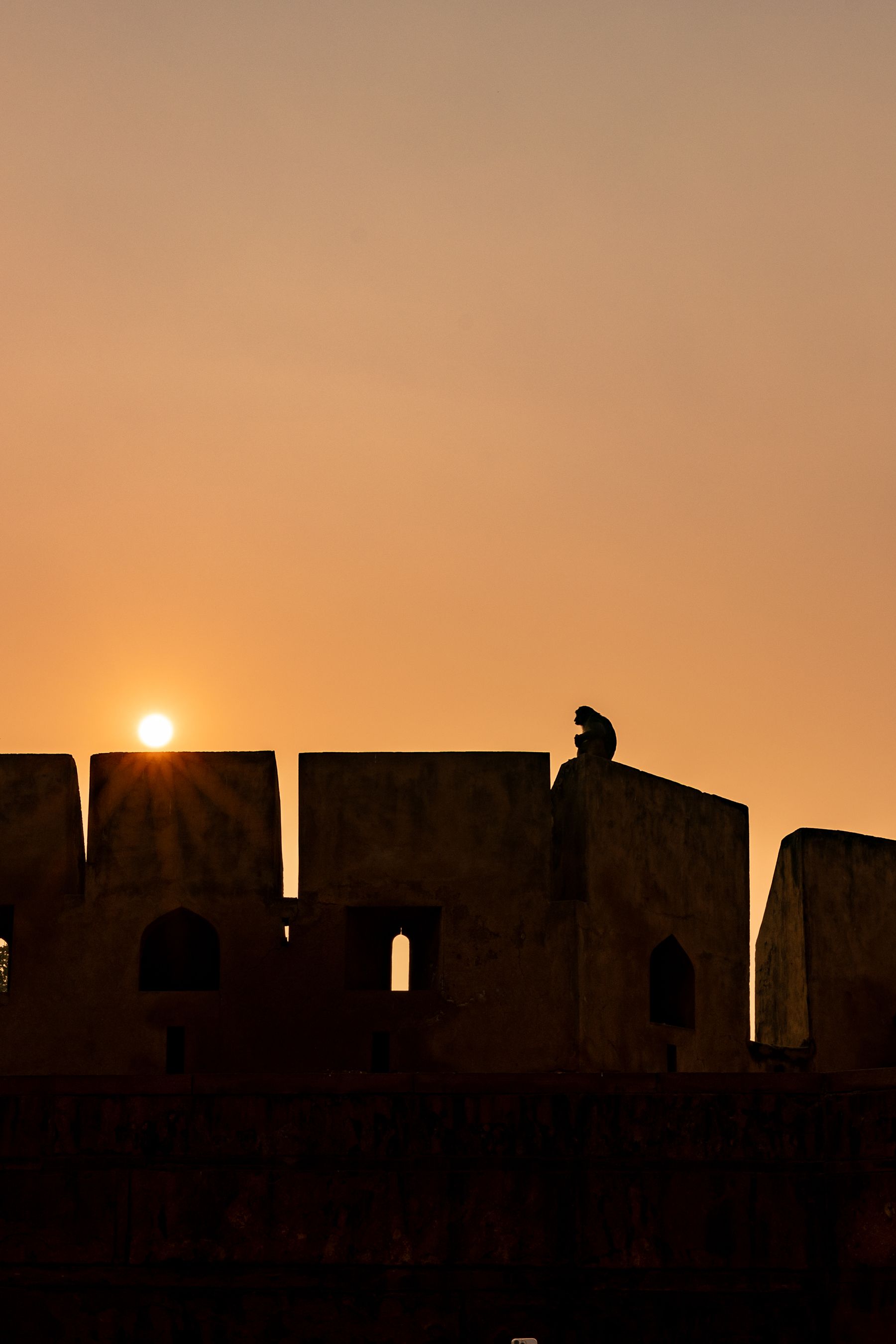 Fort Roof Silhouette With Monkey At Sunset